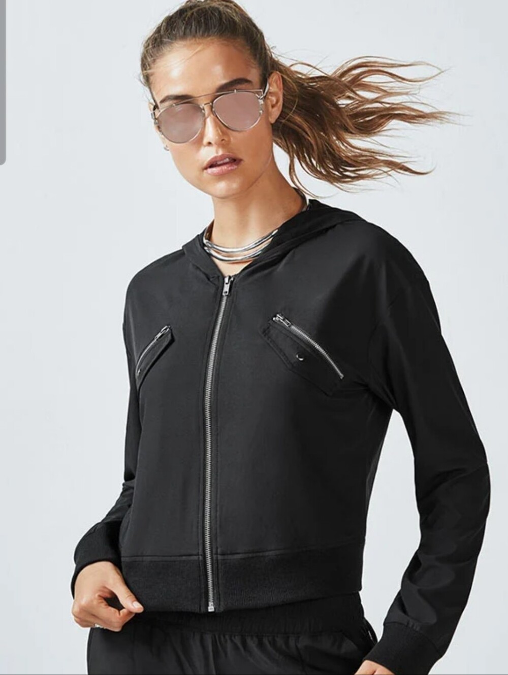 Fabletics Black Hooded Bomber Jacket with Zip Pockets